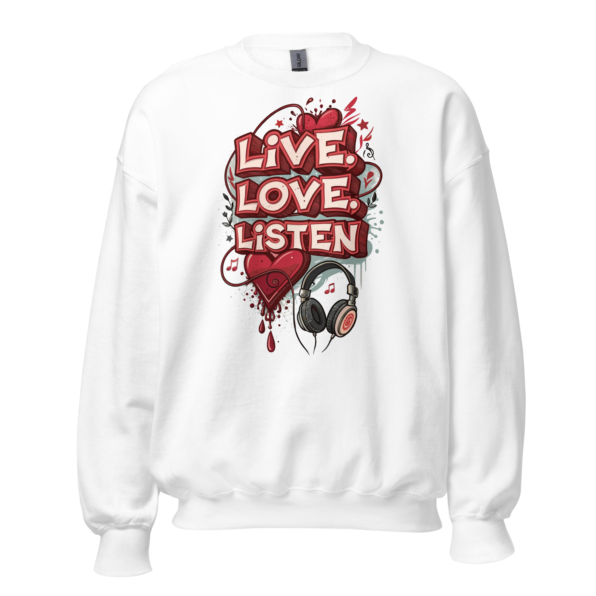 unisex-crew-neck-sweatshirt-white-front-688567fd5b9c2.jpg Sweatshirt 6clonik Live Love Listen - Image 1