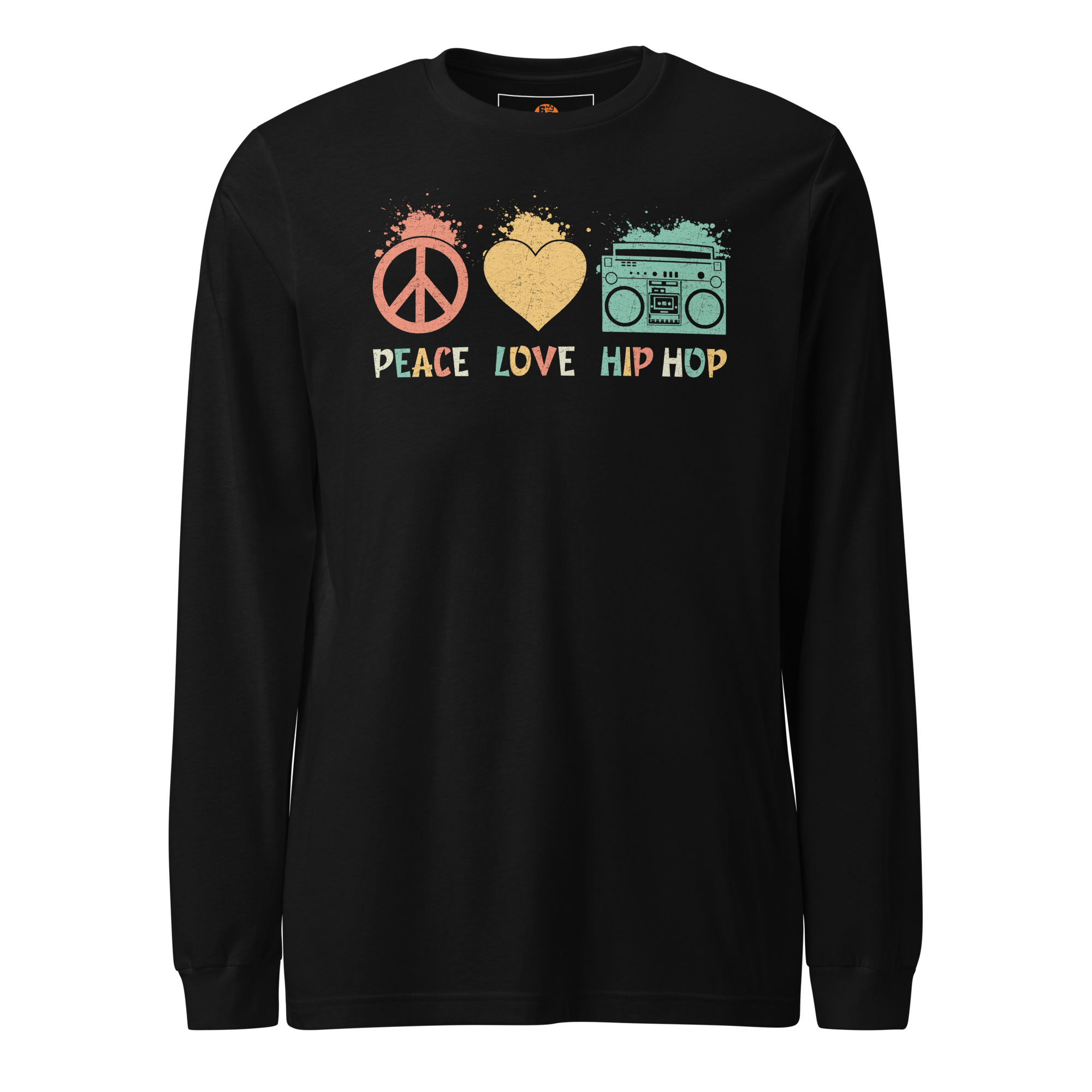 unisex-long-sleeve-tee-black-front-6884fd03bc989.jpg T-shirt 6clonik manches longues Peace Love Hiphop - Image 1